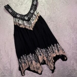 Advance Apparels Women Tunic Free Size Black Batik Embroidered Sharkbite Hem